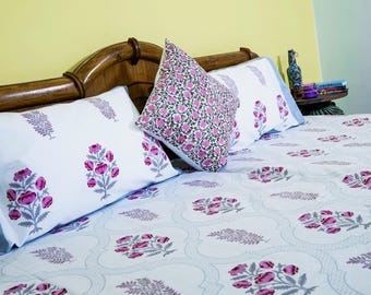 Pink Floral Block Print Cotton Bedsheet Set: Queen Size Boho Bedding