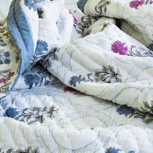 Cotton Reversible Hand Block Printed Quilt Pink Blue Floral Bedspread White Bedcover Boho Bedding Premium Indian Handmade Blanket Home Gifts