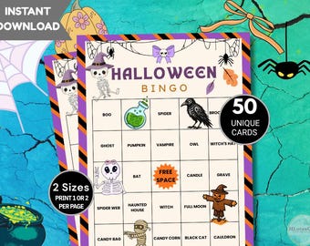 Bingo de Halloween con 50 cartones para niños, adultos, aulas y familias (descarga digital)