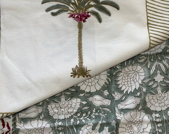 Palm Tree Hand Block Print Bedsheet Set Green Pure Cotton Bedsheet Design Boho Quilt Soft Bedsheet Queen Flat Sheet Perfect Gift Bed Spread