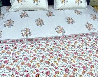 Handblock-Bettlaken-Set mit Blumendruck, rosafarbenes Bettlaken-Design aus reiner Baumwolle, Boho-Quilt, weiches Bettlaken, Queen-Size-Bettlaken, perfektes Geschenk, Bettdecke