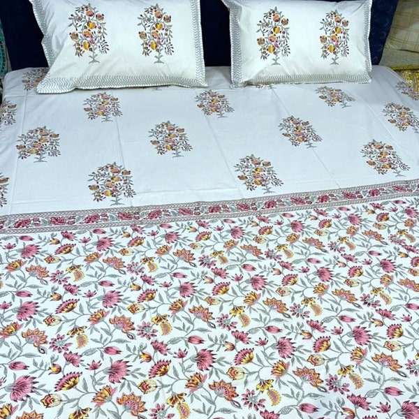 Hand Block Floral Print Bedsheet Set Pink Pure Cotton Bedsheet Design Boho Quilt Soft Bedsheet Queen Flat Sheet Perfect Gift Bed Spread