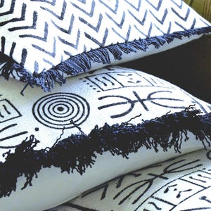Fringed Mudcloth Pillow Cover: Black and White Block Print, Boho Decor, Handmade Throw Pillows