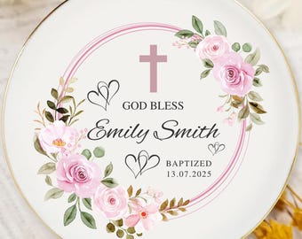 Baptism Ring Dish, Personalized Jewelry Holder Custom Christening Gift, Godchild Keepsake Ring Tray Religious Gift for Baby Flower Ring Dish