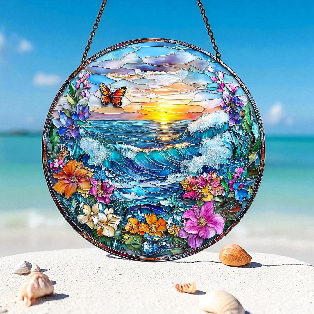 Beach Sunset Stained Glass Suncatcher Tropical Beach Window Hanging ...