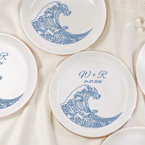 Personalized Ocean Waves Ring Dish, Custom  Ring Holder,  Embossed  Waves Engagement Gift, Ceramic Wedding Couple Dish  cute wave ring dish