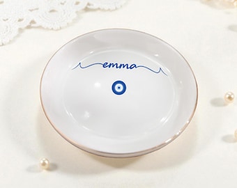 Personalized Evil Eye Ring Dish, Handmade Ceramic Jewelry Holder, Custom Protection Ring Dish, Unique Gift for Her, Boho Keepsake ring dish