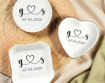 Personalized Letter Name  Ring Dish with Heart & Date, Custom Ceramic  Jewelry Tray,  Minimalist Ring Holder, Keepsake Gift custom name tray