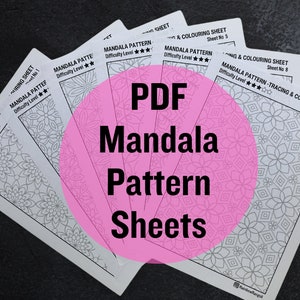Könnte beinhalten: Ein Satz druckbarer PDF-Mandala-Musterblätter zum Ausmalen, Nachzeichnen und Ausmalen. Die Blätter sind mit Schwierigkeitsgraden und Blattnummern gekennzeichnet.