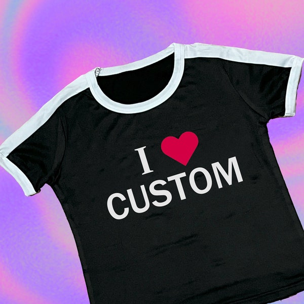 Ringer Crop Top I love Custom - Camiseta estética - Ropa de mujer - Retro Blokette Estética - Camiseta Y2K, Camisa para ella- Custom Text