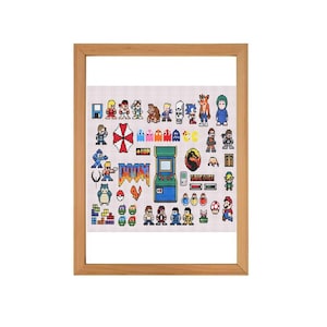 May include: A framed cross-stitch design featuring a variety of retro video game characters and icons, including Mario, Pac-Man, Sonic the Hedgehog, and more. The design is in a pixelated style and includes the words "DOOM" and "GAME OVER".