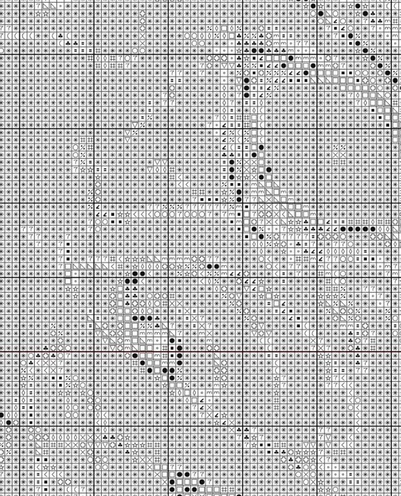 May include: Black and white cross stitch pattern featuring a range of symbols, including stars, circles, and squares.