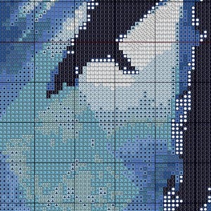Puede incluir: Un patr&oacute;n de punto de cruz con un esquema de color azul, blanco y negro. El patr&oacute;n presenta una variedad de formas geom&eacute;tricas, incluyendo c&iacute;rculos, cuadrados y tri&aacute;ngulos.