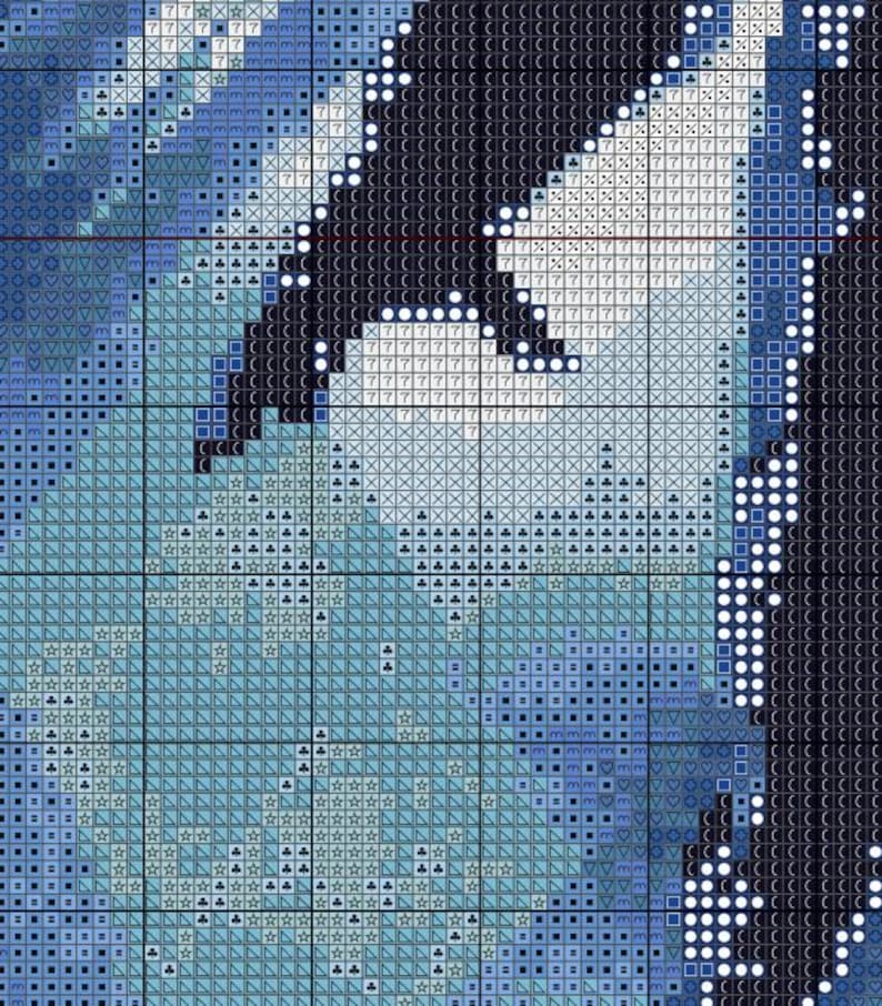 Puede incluir: Un patr&oacute;n de punto de cruz con un esquema de color azul, blanco y negro. El patr&oacute;n presenta una variedad de formas geom&eacute;tricas, incluyendo c&iacute;rculos, cuadrados y tri&aacute;ngulos.