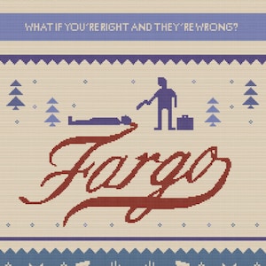 Puede incluir: Un su&eacute;ter de Navidad de punto beige y azul con las palabras "What if you're right and they're wrong?" y la palabra "Fargo" en rojo. El su&eacute;ter presenta un ciervo, un arma de fuego, un signo de d&oacute;lar y un copo de nieve.