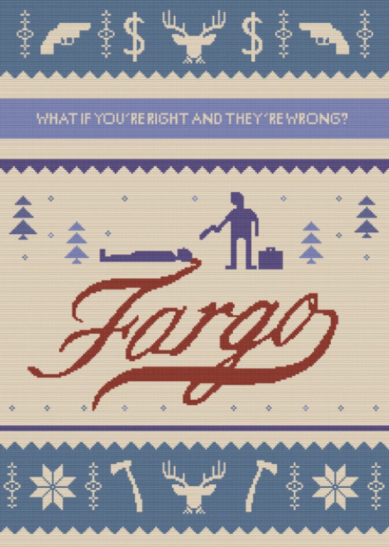 Puede incluir: Un su&eacute;ter de Navidad de punto beige y azul con las palabras "What if you're right and they're wrong?" y la palabra "Fargo" en rojo. El su&eacute;ter presenta un ciervo, un arma de fuego, un signo de d&oacute;lar y un copo de nieve.
