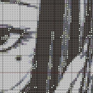 May include: A close-up of a black and white cross-stitch pattern. The pattern features a variety of geometric shapes and designs, including circles, squares, and triangles. The pattern is created using different shades of black and white thread.