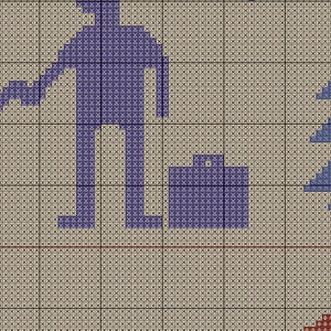 Puede incluir: Un patr&oacute;n de punto de cruz morado de una persona de pie con una caja delante de ella. La persona lleva una camisa y pantalones azules. La caja tambi&eacute;n es morada.