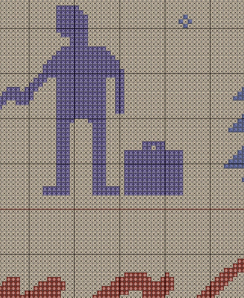 Puede incluir: Un patr&oacute;n de punto de cruz morado de una persona de pie con una caja delante de ella. La persona lleva una camisa y pantalones azules. La caja tambi&eacute;n es morada.