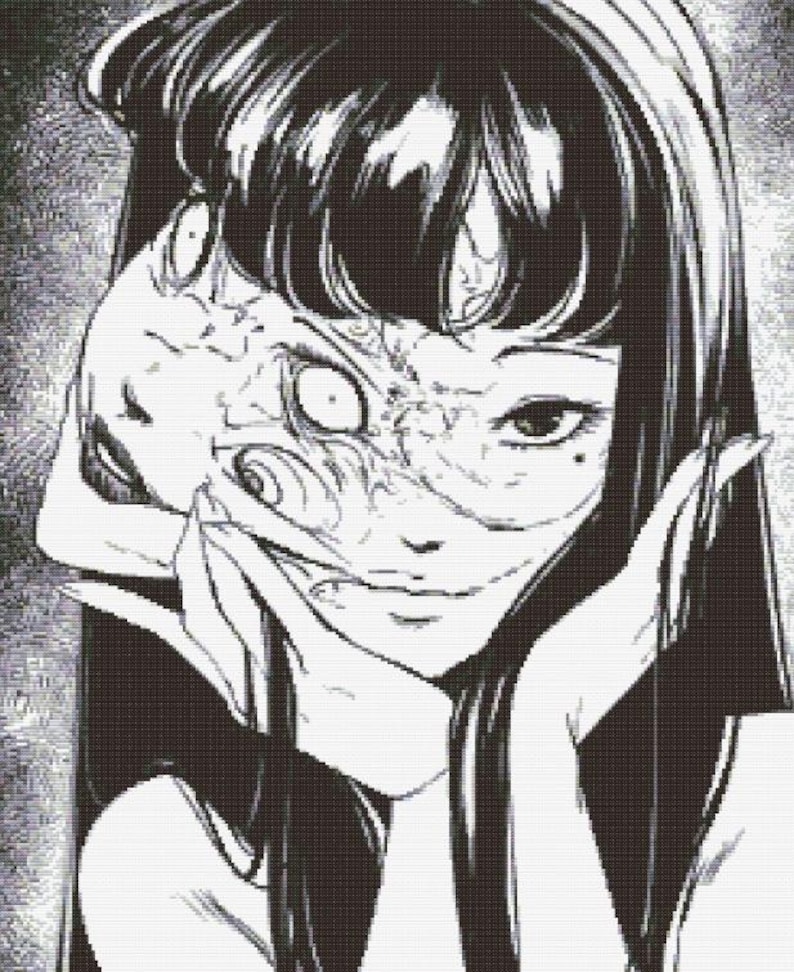 May include: Black and white illustration of a woman with long black hair. Her face is partially obscured by a grotesque, distorted mask. The mask has a wide, toothy grin and appears to be made of flesh.