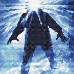 Puede incluir: Una silueta de una criatura que emerge de una luz blanca brillante sobre un fondo azul y blanco.