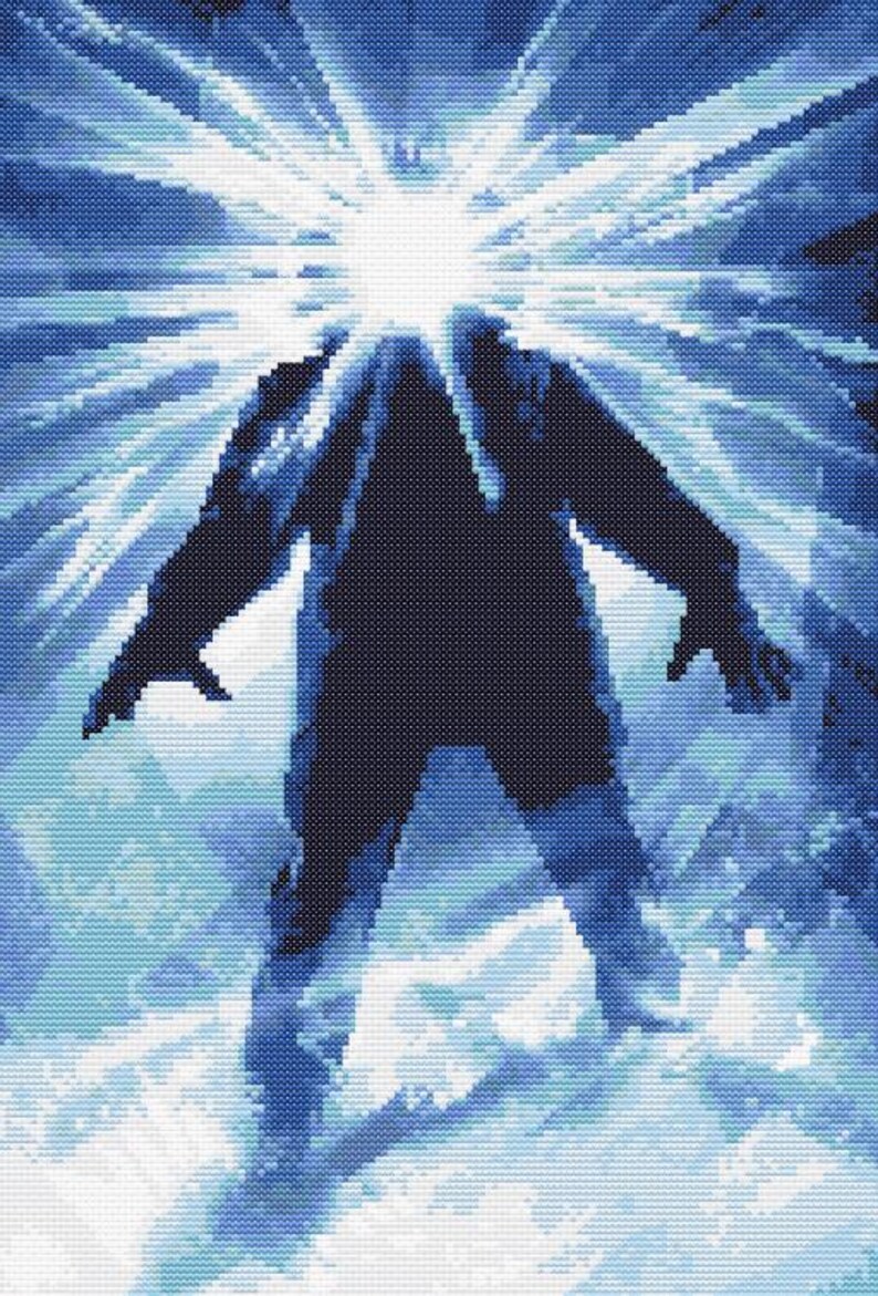 Puede incluir: Una silueta de una criatura que emerge de una luz blanca brillante sobre un fondo azul y blanco.