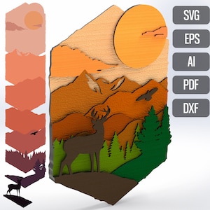 Arte de pared láser SVG 3D Ciervo Bosque Montaña Descarga digital Archivo láser