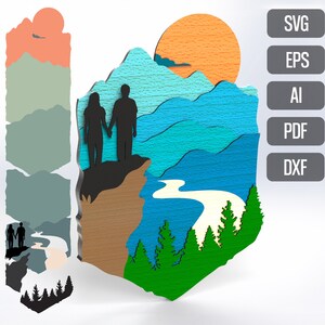 SVG Väggkonst 3D Skogspar Berg Digital Nedladdning Laserfil