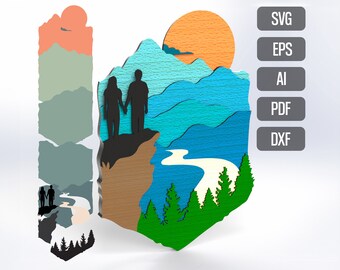 SVG Wall Art 3D Wald Paar Berg Digitaler Download Laser-Datei