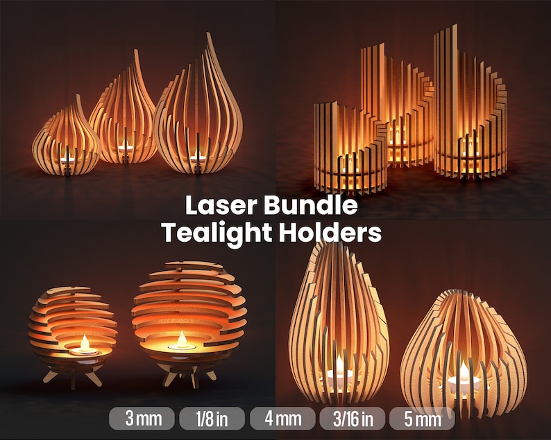 Four variations of laser-cut wooden tealight holders grouped in a bundle. The holders have curved slats forming teardrop and cylindrical shapes, shown in warm ambient candlelight. Thickness options are labeled: 3 mm, 1/8 in, 4 mm, 3/16 in, and 5 mm.