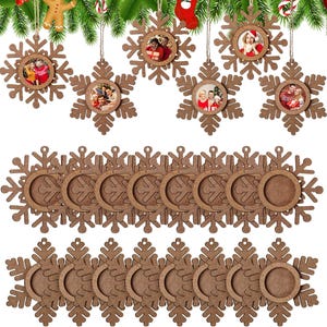 May include: Twenty-four unfinished wooden snowflake ornaments with a round cutout in the center. The ornaments are perfect for adding a personal touch to your Christmas tree.