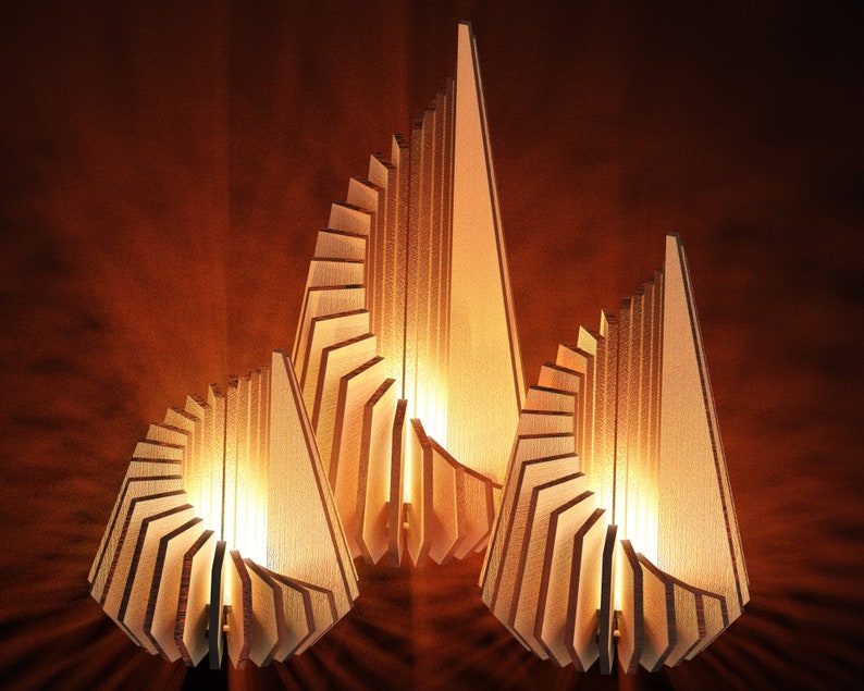 May include: Three wooden lamps with a geometric design. The lamps are made of thin, layered pieces of wood that create a spiral effect. The lamps are lit and casting a warm glow.
