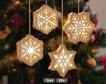 File laser SVG con luci a fiocco di neve: luci sospese per l'albero di Natale (download digitale)