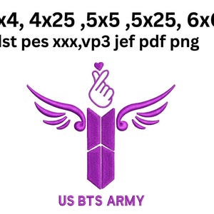 May include: A purple machine embroidery design featuring a central vertical trapezoidal shape with wings, a hand making a finger heart gesture above it, and the text 4x4, 4x25, 5x5, 5x25, 6x6, dst pes xxx, vp3 jef pdf png, and US BTS ARMY.