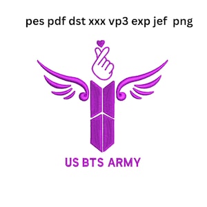 May include: A purple embroidered design featuring a hand making a heart shape, wings, and a geometric shape. The text "US BTS ARMY" is below the design. The image is on a white background.