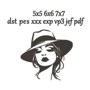 May include: An embroidery design featuring a stylized illustration of a face wearing a wide-brimmed hat. The text 5x5 6x6 7x7 and dst pes xxx exp vp3 jef pdf is displayed above the graphic in a dark brown color on a plain white background.