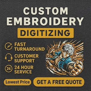 Può includere: Un grafico scuro testurizzato con il testo CUSTOM EMBROIDERY DIGITIZING in bianco e giallo. Include icone per tempi rapidi, assistenza clienti e servizio 24 ore su 24, insieme a un'illustrazione di un personaggio anime in posa dinamica.