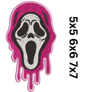 May include: An embroidered patch featuring a white ghost mask with black eye and mouth details, surrounded by a bright pink dripping effect. The text 5x5 6x6 7x7 is printed vertically in black on the right side of the patch design.