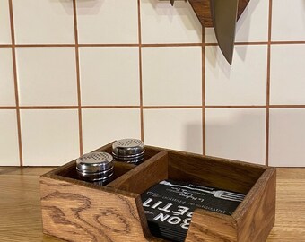 Napkin holder with spice compartment made of solid oak