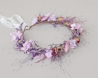 Dried Flower Crown/ Boho Wedding Head Wreath, Natural Bridal Hair Accessory
