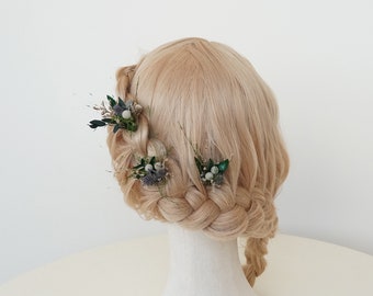 Green+White Dried flower hair pins,Bridal hair accessories,Bohemian hair piece,Real flower accessoriesr,Dried Flower small hair pin