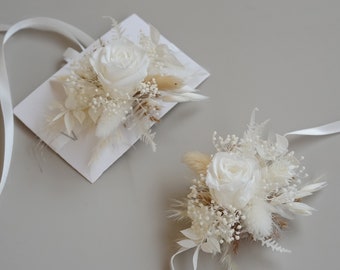 Rose gedroogde bloem corsage, Boho bruiloft haaraccessoires, White+Cream droge bloem corsage