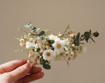 Accessoires de cheveux de mariée mélangés de fleurs séchées naturelles de marguerite, accessoires de cheveux de mariage de bohème, peigne à cheveux de fleurs sèches blanc + crème