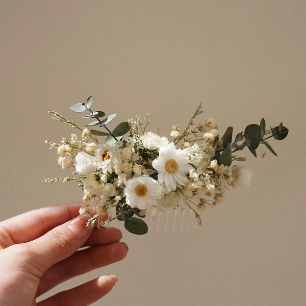 Accessoires de cheveux de mariée mélangés de fleurs séchées naturelles de marguerite, accessoires de cheveux de mariage de bohème, peigne à cheveux de fleurs sèches blanc + crème