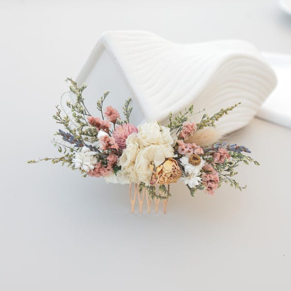 Blush Peony + Daisy Pink Bridal Wildflower Comb Garden Wedding Hair Accessories Rural Bohemian Bridal Comb Dried Flower Comb