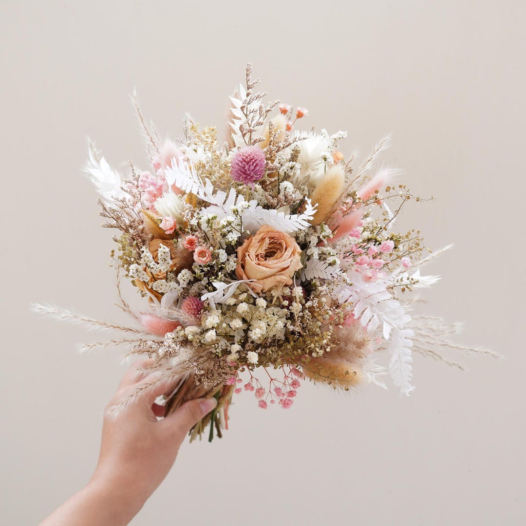 Rose + Baby's Breath Dried Flower Bridal Bouquet,dried Flowers Bouquet ...