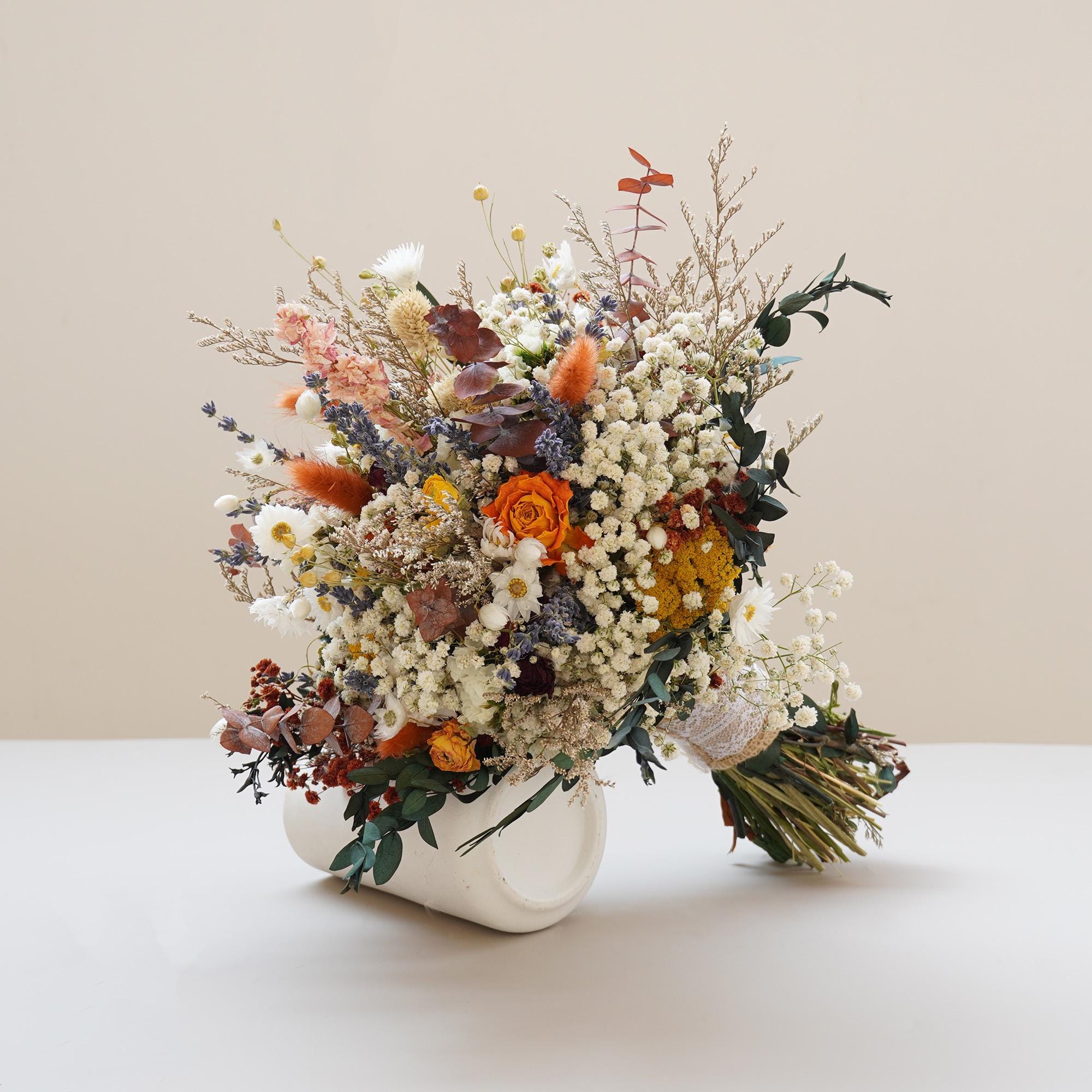 Dried Rose + Eucalyptus+Baby's Breath Flower Bridal Bouquet, Dried Flowers Bouquet For Wedding,Bouquet,Boho Wedding Dried Flowers