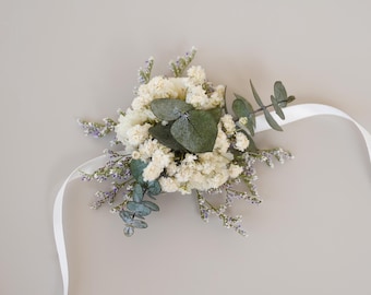 Eucalyptus+Baby&#39;s Breath dried wrist flower,Bohemian wedding accessories, White+Green dry flower wrist  corsage