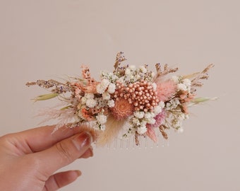 Boho bride dried flower comb, Wedding comb,Pink dried flower comb,Wedding decoration