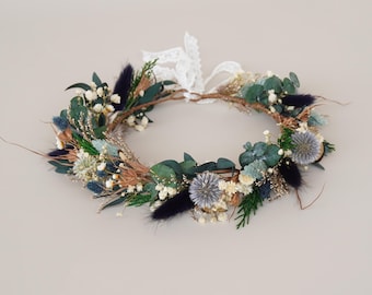 Coroa de flores secas naturais, coroas de noiva, coroa de casamento, coroa de noiva boho, acessório de cabelo de flores secas, coroa de flores secas brancas